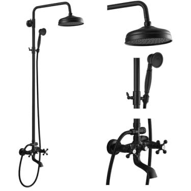 Imagem de Torneira de Chuveiro Luxuosa para Banheiro Preto Fosco com Cabeça Redonda de 20 cm, Alça Dupla Cruzada, Banheira, Banheira, Suporte de Parede para Banheiro
