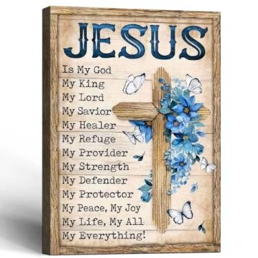 Imagem de Arte de parede em tela emoldurada de Jesus com cruz e citação impressão inspiradora cristã country pôster religioso imagem igreja decoração de casa galeria arte de parede em tela 16x24 polegadas