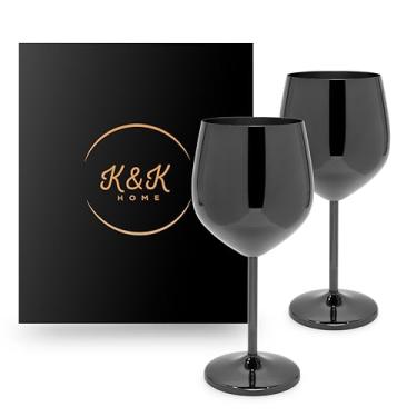 Imagem de K&K Home Taças de vinho inquebráveis de aço inoxidável cromado preto - 510 g - Conjunto de 2 taças de vinho coloridas de metal com haste perfeita para atividades ao ar livre, casamentos e festas