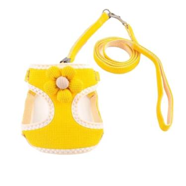 Imagem de Peitoral para cães pequenos sem puxões com conjunto de trela, colete de flores fofas, à prova de escape e respirável para passear com filhotes, guia macia e leve para animais de estimação (amarelo, M