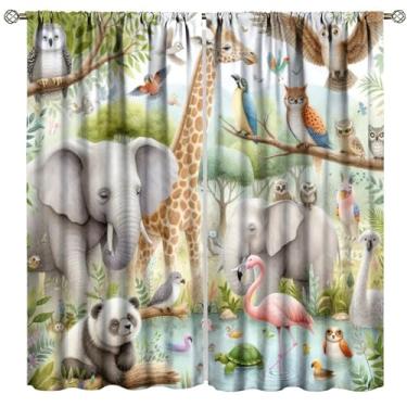 Imagem de FengMingRui Cortina de animais infantis desenho animado vida selvagem ocidental flamingo elefante girafa tratamento de janela para bebês crianças quarto sala de estar 107 cm L x 114 cm C