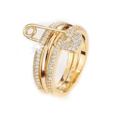 Imagem de Pregeckit Fashion Safety Pin Stackable Rings for Women CZ Cubic Zirconia Paved Multi-Link Connected Statement Rings Chunky Stacking Jewelry Gift (gold,10)