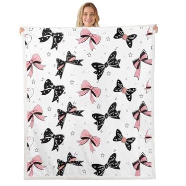 Imagem de Feelyou Cobertor de lã de ovelha para meninas estilo princesa sonhadora cobertor de lã infantil aquarela rosa preto laço felpudo cobertor para sofá cama sofá feminino kawaii, Queen 222 x 232 cm