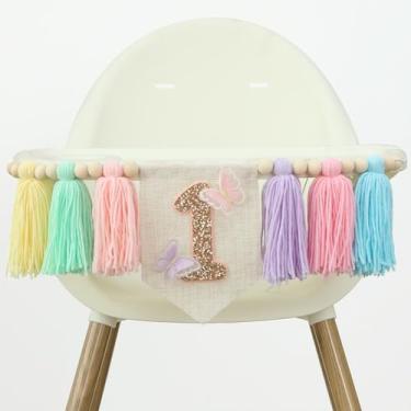 Imagem de Bandeira de cadeira alta feita à mão Boho macaron borboleta 1º aniversário macaron decoração de festa para meninas chá de bebê pendurar na parede decorativo para quarto de crianças