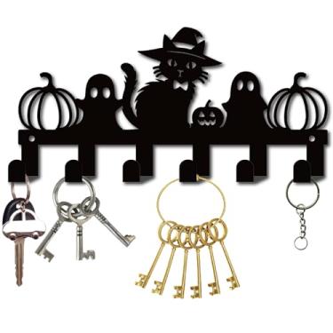 Imagem de CREATCABIN Gancho para chave de gato, suporte de parede, ganchos de metal preto com 6 ganchos de ferro, fantasma, abóbora, Halloween, suporte decorativo montado para casa, entrada, porta da frente