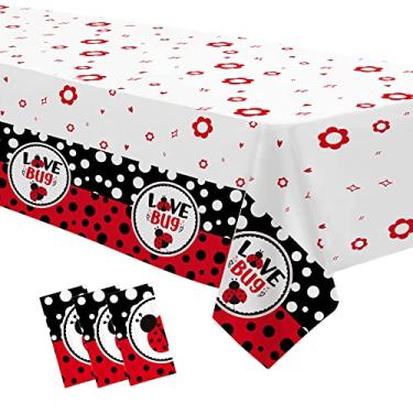 Imagem de Xigejob Toalha de mesa de festa de aniversário de joaninha, toalha de mesa descartável para artigos de festa de joaninha, tema joaninha, aniversário, chá de bebê, toalha de mesa, pacote com 3, 137 x