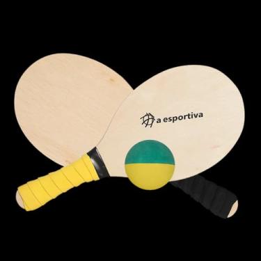 Imagem de Kit Frescobol Esportiva, 2 Raquetes de Madeira com Empunhadura, Bola Bicolor Verde e Amarela