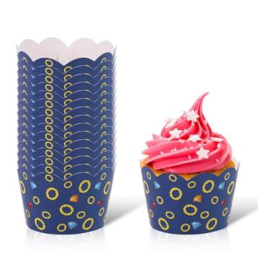 Imagem de 24un Embalagens para Cupcakes de Videojogos, Decorações Festas Temáticas com Estampa Anéis Azuis e Dourados de Desenhos Animados Forro Bolo Copos para Festas Aniversário Meninos e Meninas