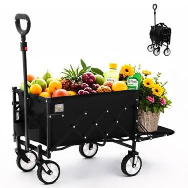 Imagem de Carrinho dobrável com porta traseira estendida, carroça de praia dobrável, vagão utilitário resistente com rodas, carrinho de jardim dobrável para compras, esportes, acampamento, ao ar livre, preto