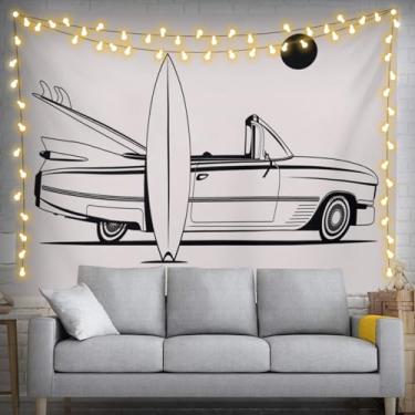 Imagem de Keiutexe Tapeçaria de carro de prancha de surf retrô de praia 203.2 cm X 152.4 cm decoração de sala de surfe decorações de festa para quarto sala de estar dormitório (200 x 150 cm)