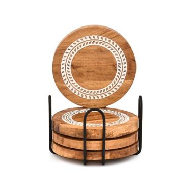 Imagem de Bhavatu Conjunto de 4 porta-copos de madeira de acácia com suporte de ferro | porta-copos redondos gravados | Design circular minimalista para decoração de casa moderna (tamanho de porta-copos - 10 x