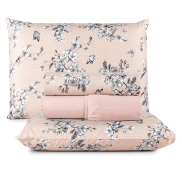 Imagem de Jogo de Cama Casal Box 4 Peças Micropercal 200 Fios com Lençol com Elástico e Fronhas – Toque Aveludado(Dália)