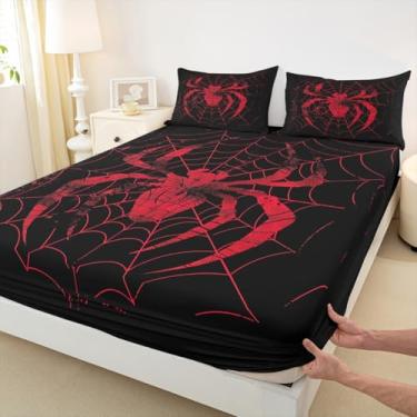 Imagem de Jogo de cama casal com estampa de teia de aranha vermelha, 3 peças, tema gótico de animais aracnídeos, tema de Dia das Bruxas, capa de cama preta com 2 fronhas, decoração de quarto de crianças