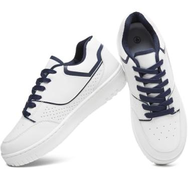 Imagem de Eydram Tênis feminino de couro branco com palmilha de espuma viscoelástica, plataforma de cano baixo, tênis casual com cadarço, Branco, azul-marinho, 34
