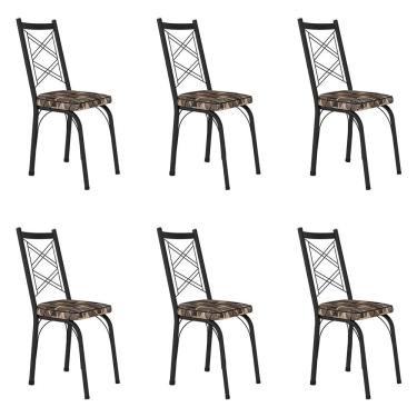 Imagem de Kit 6 Cadeiras de Cozinha Delaware Estampado Mosaico Palha Pés de Ferro Preto - Pallazio