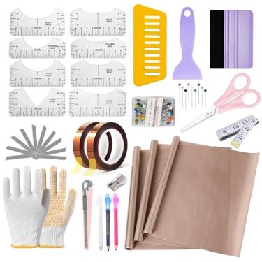 Imagem de Kit inicial de prensa térmica, acessórios de sublimação e suprimentos com guia de régua, folhas de teflon, fita térmica, luvas de calor, lápis de marcação, pinos de costura, fofos
