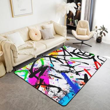 Imagem de Homewish Tapete de área de grafite abstrato, 9,5 x 1,5 m, hippie colorido, antiderrapante, para crianças, adolescentes, meninos, mulheres, homens, branco, preto, azul, roxo, pintura interna, tapete