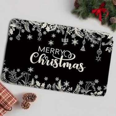 Imagem de ASVEAS Tapete de banho Merry Christmas, preto, azevinho, folhas de pinheiro, floco de neve, bolas de Natal, tapetes de inverno, decoração de banheiro (45 x 76 cm)