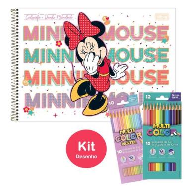 Imagem de Kit Caderno de Desenho Minnie Disney 80 Fls Capa Dura com Adesivo Tili