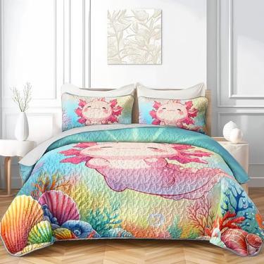 Imagem de QOOMO Lindo conjunto de colcha Axolotl Casal/Queen, conjunto de 3 colchas com estampa de animal Kawaii, conjunto de cama leve de microfibra macia com 2 fronhas para todas as estações
