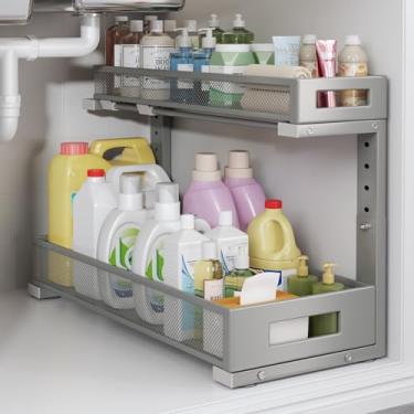 Imagem de Pacote com 1 organizador de armazenamento sob a pia de 19 cm, prateleira grande de 2 camadas de malha elegante para organização de armários de cozinha e banheiro, design em forma de L e altura