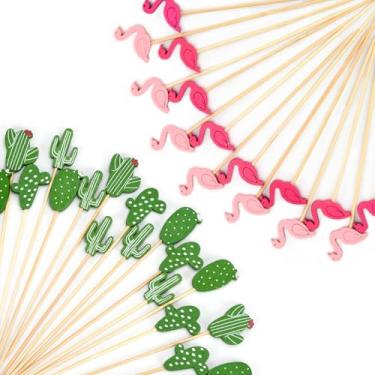 Imagem de Palhetas de coquetel, pacote decorativo com 200, espetos de bambu de 12 cm com enfeites divertidos de cacto e flamingo para aperitivos de festa, frutas, bebidas (cacto + flamingo)