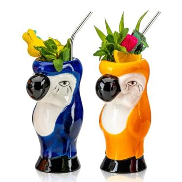 Imagem de SUN GKOTTA Conjunto de 2 canecas Tiki para coquetel - Copos Tiki grandes de cerâmica, copos Tiki, lindos copos de coquetel exóticos, para festa havaiana e bar Tiki