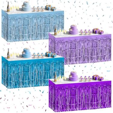 Imagem de Pacote com 4 saias de mesa da série azul e roxa, 73,7 x 274,3 cm, saia de mesa com franja metálica de 73,7 x 274 cm para mesas retangulares, decorações de festa para aniversários, casamentos, feriados