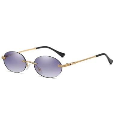 Imagem de Óculos de sol retrô oval sem aro masculino, azul, espelhado, dourado, metal, redondo, sem armação, feminino, UV400 (dourado, cinza)