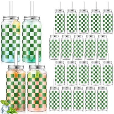 Imagem de Patelai Pacote com 24 copos de guingão verde sálvia 382 g copos de plástico xadrez verde transparente com tampa e canudo copo xadrez de plástico reutilizável para chá de bebê, casamento, aniversário