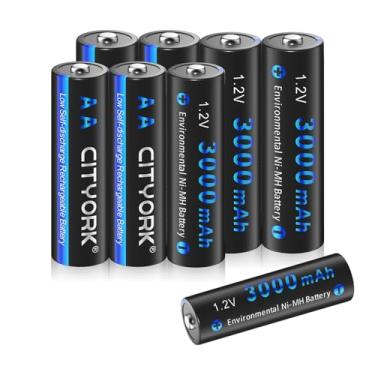 Imagem de CITYORK 8 Pilhas Recarregáveis Aa, 3000 Mah, 1,2 V, Ni-Mh De Longa Duração E Baixa Autodescarga, Ideais Para Iluminação Solar, Jardim, Lâmpada Led Externa, Rádio Controles Remotos