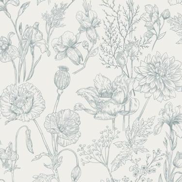 Imagem de Toduso Papel de parede floral azul cinza e branco à prova d'água removível autoadesivo flores papel de parede para quarto banheiro papel de contato armários decorativos vinil 43,9 cm x 1,000 cm
