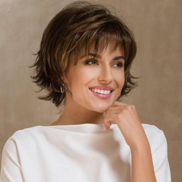 Imagem de ORAVISTA Perucas sintéticas loiras mistas marrom escuro para mulheres, peruca curta ondulada com destaques e franja, respirável, resistente ao calor, aparência natural (marrom escuro, 15 cm)