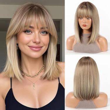Imagem de HAIRCUBE Peruca sintética feminina Bob Wigs com franja loira com raízes escuras