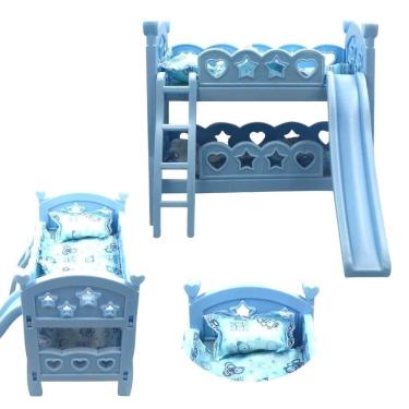 Imagem de Berço Azul De Brinquedo Beliche Escorregador E Travesseiro