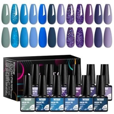 Imagem de MTSSII Conjunto de esmalte de gel 12 cores azul roxo kit de esmalte de gel azul bebê lavanda roxo escuro glitter gel água-marinha sereia imersão em gel UV LED manicure DIY unhas casa