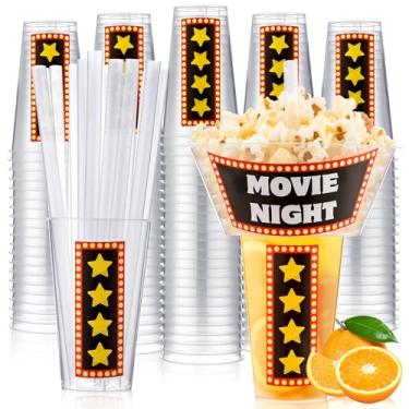 Imagem de SiliFine 25 conjuntos de copos de bebida e lanche de festa noturna de cinema com canudos, copo de plástico descartável para estádio com tigela de lanche para batatas fritas, frango frito e frutas