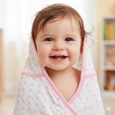 Imagem de Kit Toalha de Banho Infantil com Capuz 1x75 + 3 Pano de Boca Bebê Menina Babete Algodão Soft Antialérgico Estampas Sortidas