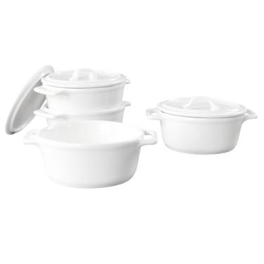 Imagem de jinsongdafa Conjunto de mini cocotte redondo de cerâmica, caçarola pequena de 540 ml com tampas e alças, conjunto de 4, ramequins individuais para assar, forno, micro-ondas e lava-louças (branco