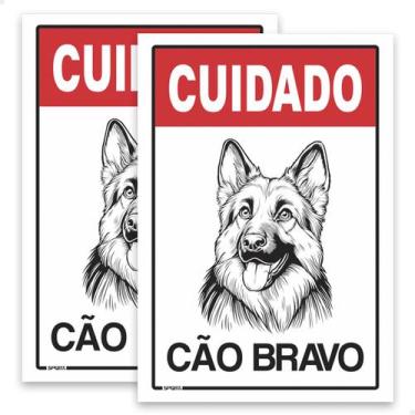 Imagem de 2 Placas De Sinalização Cuidado Cão Bravo 20x30cm Vermelho - SPORTINOX
