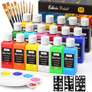 Imagem de Nicpro Tinta de tecido de 18 cores (60 ml), conjunto de tinta de tecido macio permanente com pincéis, paleta, estênceis, tinta têxtil não tóxica para artesanato em tecido, camisetas, sapatos, jeans