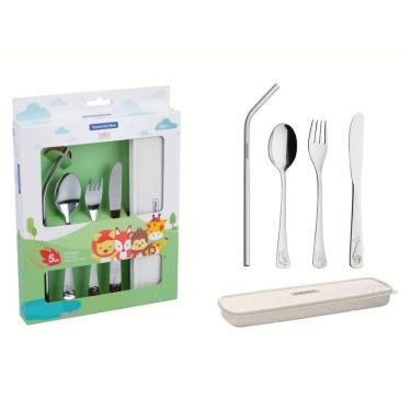 Imagem de Conjunto de Talheres com Estojo Canudo Infantil 5 Peças Inox BPA Free Tramontina