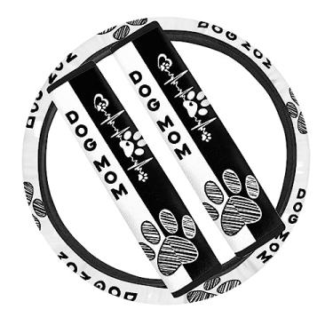 Imagem de STUOARTE Conjunto de capa de volante de carro com estampa de mãe de cachorro com 2 peças de patas, almofadas de cinto de segurança para crianças, ajuste universal, conjunto de acessórios automotivos