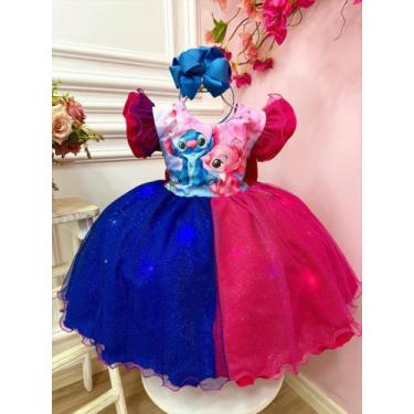 Imagem de Vestido Infantil Stitch Angel Pink Azul Glitter C/ Led Colorido (4029P