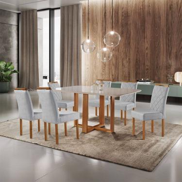 Imagem de Conjunto Sala de Jantar 6 Lugares California Mesa e Cadeiras Madeira Macica e Tecido Linho Prata Moveis Mundial
