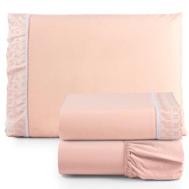 Imagem de Jogo de Lençol Solteiro 3 Peças Basic Percal 180 Fios Lese Bordado Inglês - Salmão - 100% Algodão