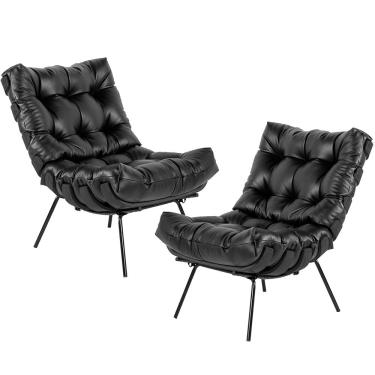 Imagem de Kit 02 Poltronas Decorativas Sala de Estar Costela Preto L04 Couro Preto - Lyam Decor