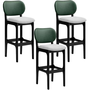 Imagem de Kit 3 Banquetas Alta Bar Cozinha Sala Jantar Betta L02 Preto Facto Verde Linho Cinza - Lyam Decor