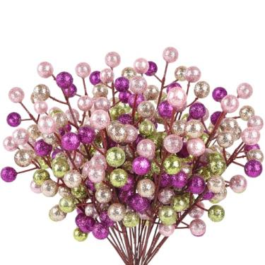 Imagem de HOHOTIME Pacote com 24 galhos artificiais de frutos silvestres, champanhe sintético de Natal, rosa, limão, roxo, azevinho, colorido, ramo, enfeites para árvore de Natal, decoração de casa