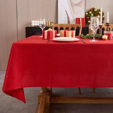 Imagem de NLMUVW Toalha de mesa retangular de linho vermelho, toalha de mesa de Natal, resistente à água, texturizada, para cozinha, jantar, café, festa, 137 x 213 cm